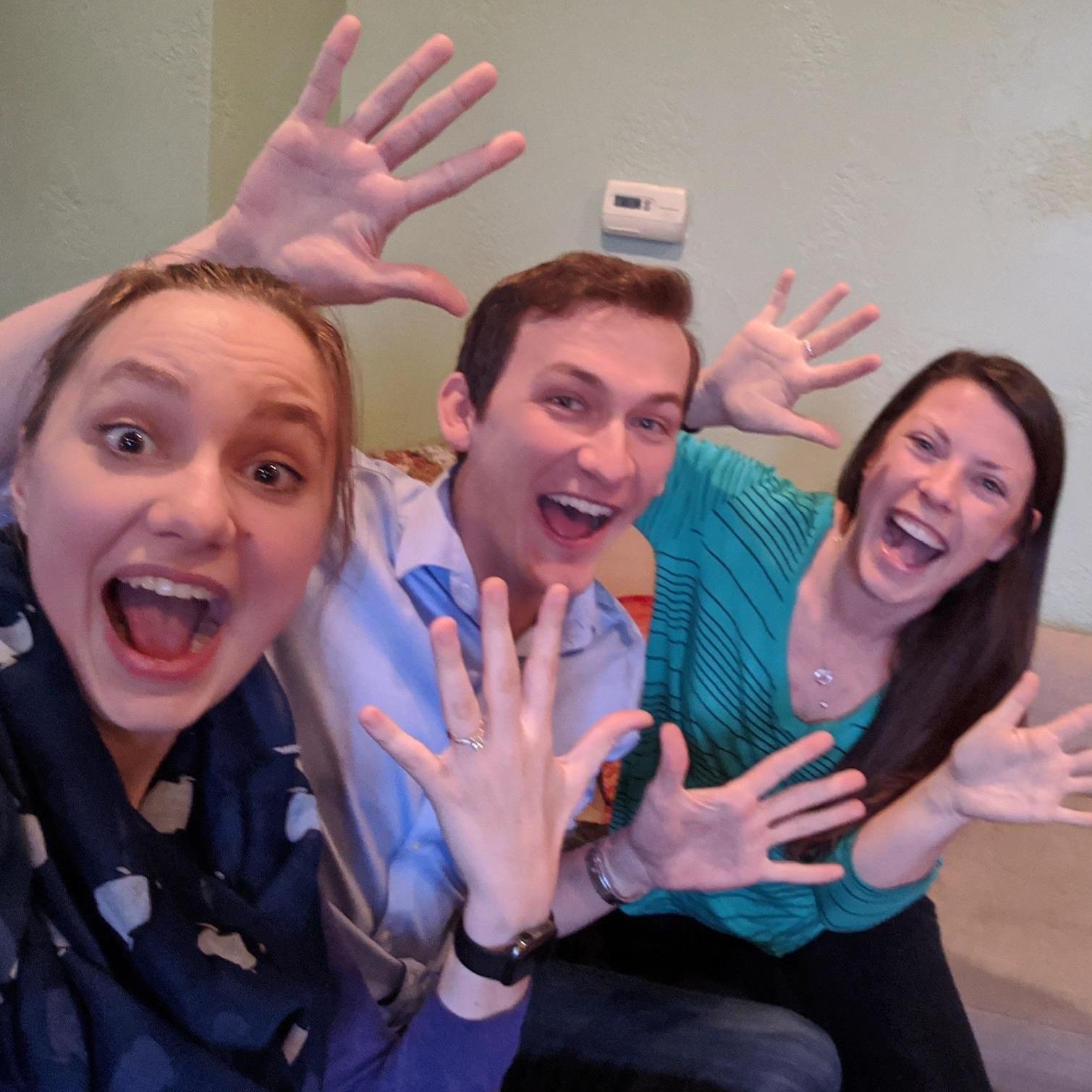 Showing off the ring with Rachel's roommate Erika after the engagement
