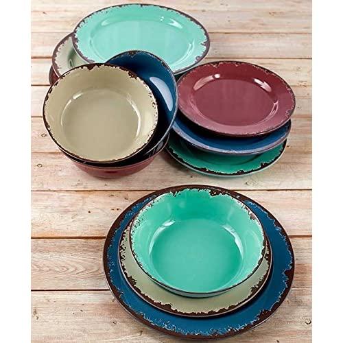 Rustic Melamine Dinnerware Set - Plastic Farmhouse Plates and Bowls - 12 Pc.