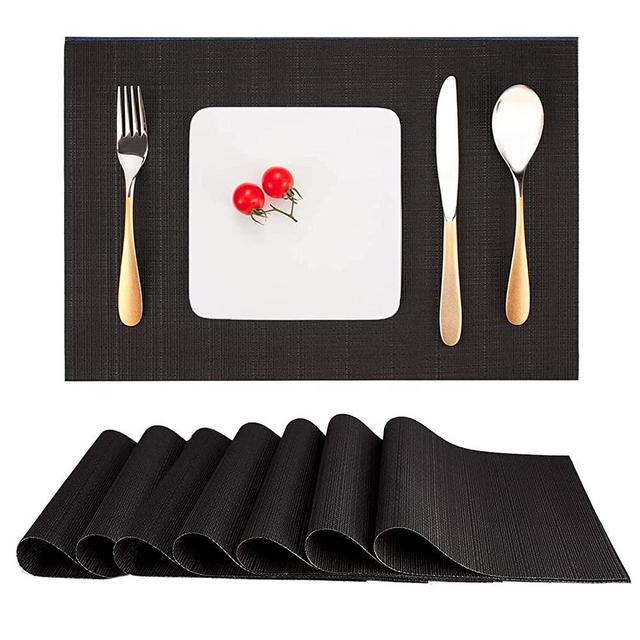 Myir JUN Place Mats, Table Mats Set of 8 Indoor Placemats Washable Non-Slip Heatproof Woven Placemats for Dining Table Fabric Place Mat PVC (Black, Set of 8)