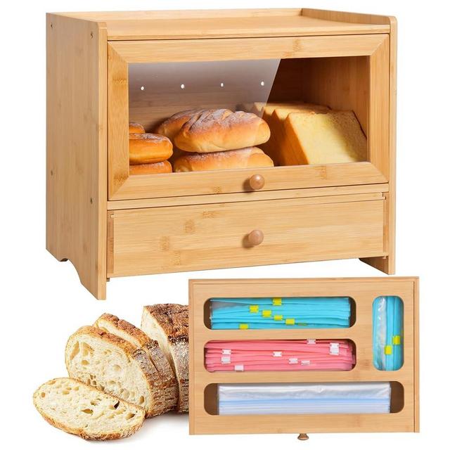Bread Box for Kitchen Countertop,Bamboo Bread Box,Corner Bread box with Plastic Bag Organizer,Kitchen Countertop Food Storage Box with 2-Tier Storage,Farmhouse BreadBox with Window for Kitchen Counter