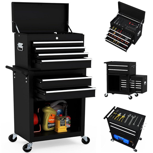 OAKANDO 6-Drawer High Capacity Rolling Tool Chest, Removable Toolbox on Wheels Organizers, Lockable Tool Box Tool Storage Cabine with Drawers and Wheels for Workshop and Warehouse. (Black)