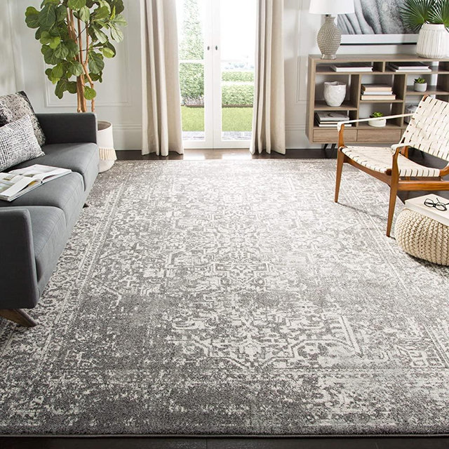 Safavieh Evoke Collection EVK256D Oriental Distressed Non-Shedding Stain Resistant Living Room Bedroom Area Rug, 6'7" x 9', Grey / Ivory