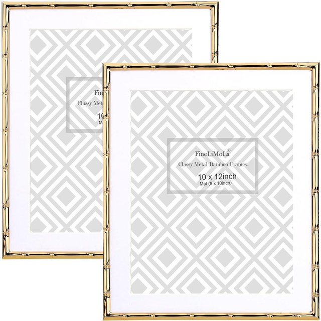FineLiMoLa Gold 10x12'' Metal Bamboo Detail Picture Frame with Acid Free Mat for 8x10'' Set of 2,Elegant Narrow Plated Photo Frames,with Soft Velvet Backing for Tabletop and Wall Décor
