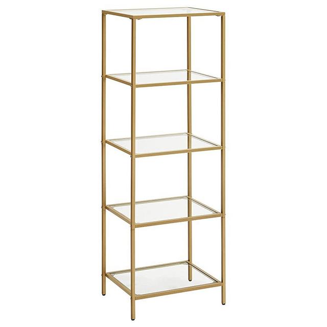 VASAGLE Gold Shelf Bookcase, 5-Tier Bookshelf, Slim Shelving Unit for Bedroom, Bathroom, Home Office, Tempered Glass, Steel Frame, Gold Color ULGT029A01