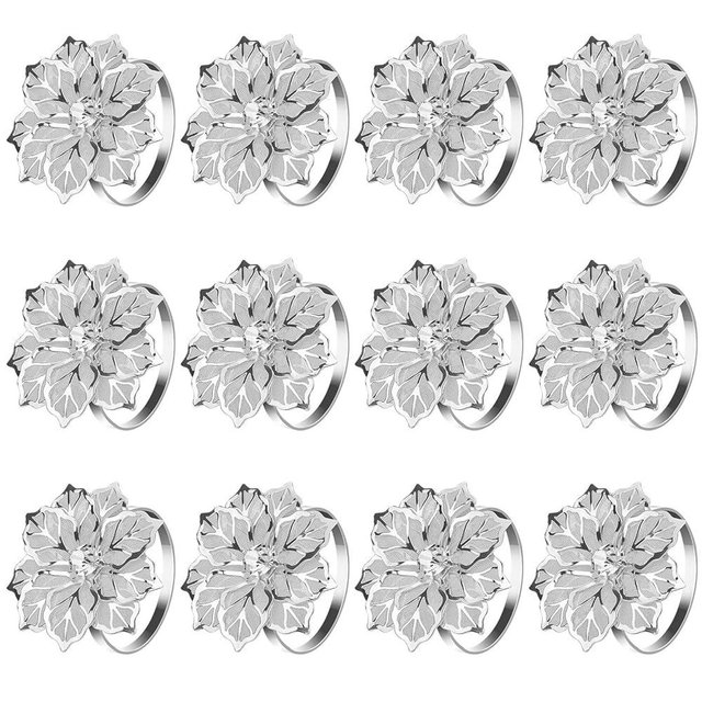 KPOSIYA Hollow Out Flower Napkin Ring Holder Metal Napkin Rings Set of 20 for Wedding Party Holiday Banquet Christmas Dinner Delicate Serviette Buckles Decor Favor (20, Flower-Silver)