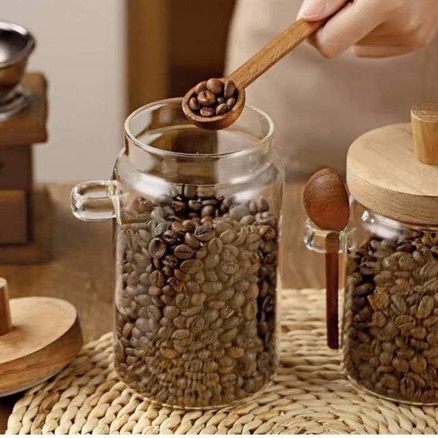 ANSQU Glass Jar with Wooden Lid and Spoon, 20.3oz Food Storage Containers Coffee Jar Coffee Grounds Container, Glass Food Storage Canister (1 Pack)