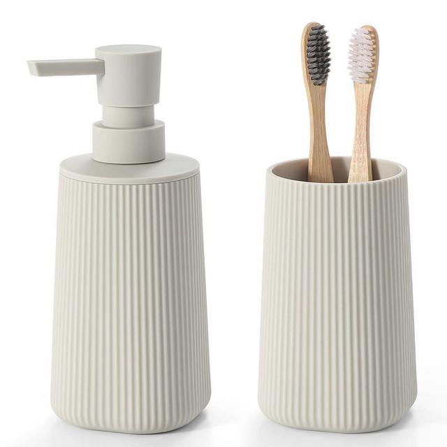 YAUKPH Bathroom Accessories 2 Piece Soap Dispenser and Toothbrush Holder Set Striped Beige