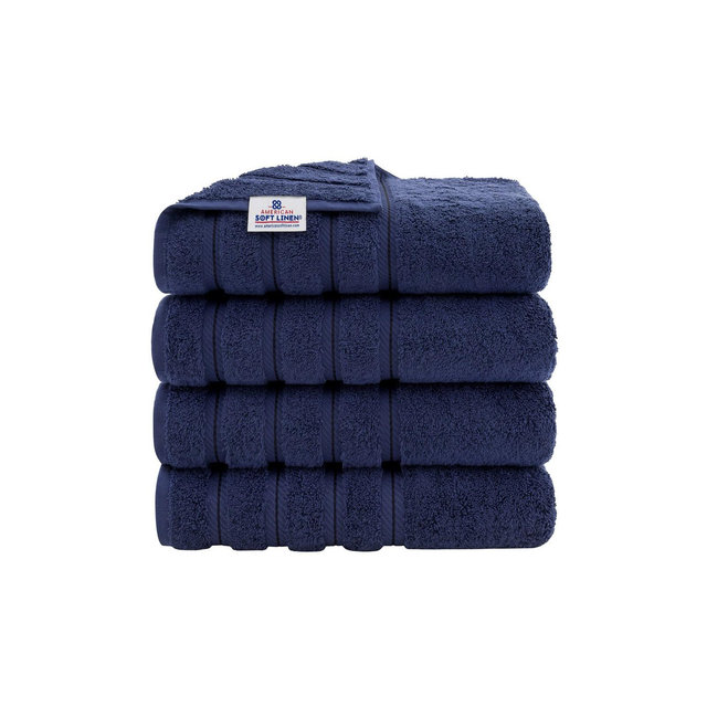 American Soft Linen 4 Pack Bath Towel Set, 100% Cotton, 27 inch by 54 inch Bath Towels for Bathroom, Navy Blue
