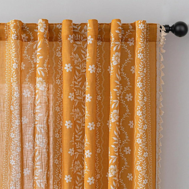 MYSKY HOME Boho Floral Curtains 84 inch Long 2 Panels Set Mustard Yellow Farmhouse Curtains for Bedroom Living Room Semi Sheer Vintage Bohemian Drapes with White Tassel Back Tab, 50" Wide