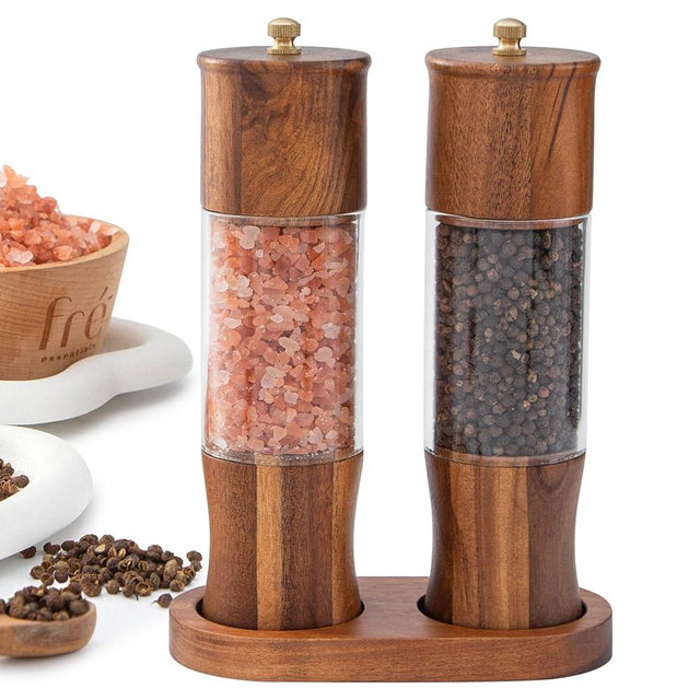 Wooden Salt and Pepper Grinder Set Acacia Wood Salt Grinder and Pepper Grinder Set, Manual Salt and Pepper Mills with with Ceramic Core, Salt and Pepper Shaker, Adjustable Coarseness