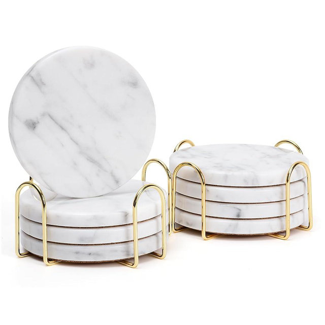 YONGHEE Soft White Marble Coasters Set of 8 with 2 Holders, Elegant Drink Coasters for Home Decor, 4" Polished Natural White Stone Coaster with Grey Veins – Heat Resistant, Non-Slip, Housewarming Gift