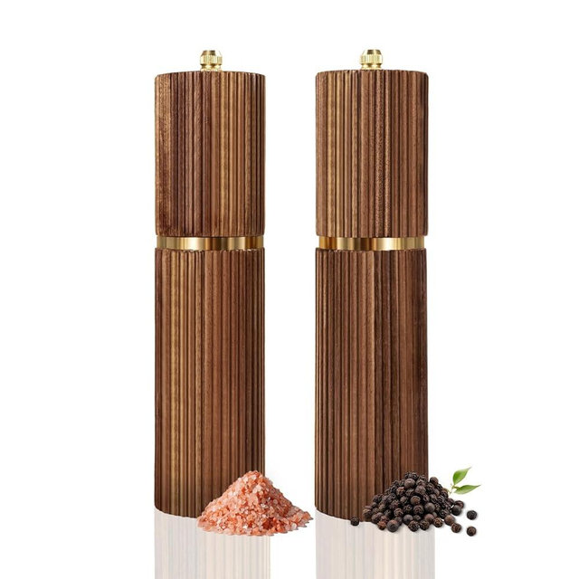 Saicefe 2 Pack Acacia Wooden Salt and Pepper Grinder Set – Refillable Manual Salt and Pepper Mills with Adjustable Ceramic Core, Gold Stainless Steel Decor Kitchen Home Gift for Birthday Christmas