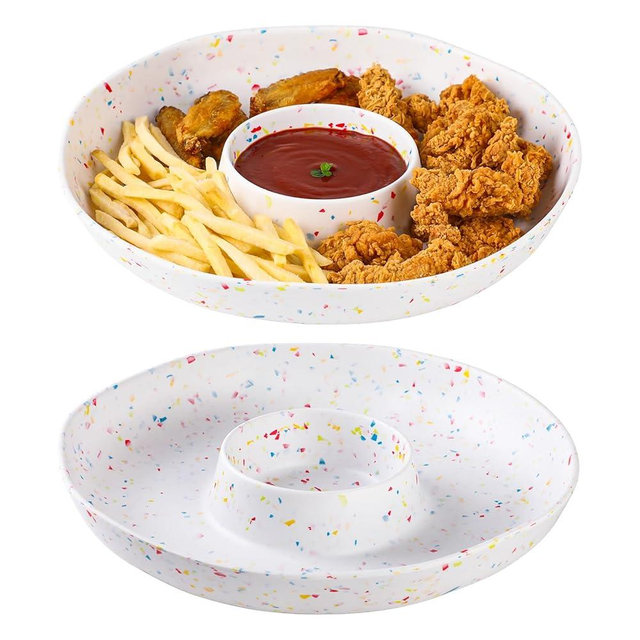 Melamine Chip & Dip Serving Platter Set of 2, 13 Inch Large Melamine Divided Bowls Set, Lightweight and Unbreakable Relish Tray for Appetizers, Snacks, Veggies, Candy - Elegant White Confetti Design