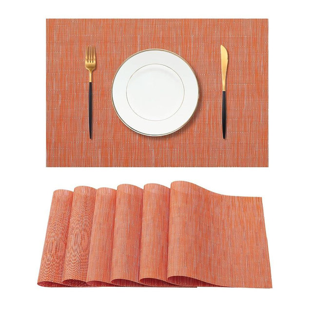 Leetaltree Orange Placemats Set of 6 - Heat Resistant Non-Slip Place mats for Dining Table, Washable Durable PVC Vinyl Woven Table Mats（Orange, 6）