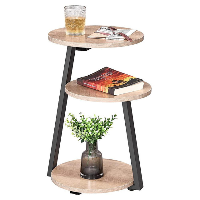 BEWISHOME Round End Table Side Table with Metal Frame, Accent Table Nightstand Bedside Table with 3-Tier Shelves, Small Table for Living Room Bedroom Couch Table Small Coffee Table Greige KTZ41G