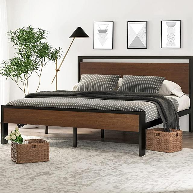 SHA CERLIN 14 Inch King Size Metal Platform Bed Frame with Wooden Headboard and Footboard, Mattress Foundation, No Box Spring Needed, Large Under Bed Storage, Non-Slip Without Noise, Modern Walnut