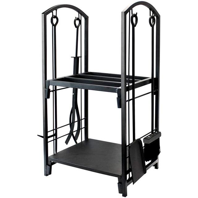 Firewood Rack Bin Log Holder with Fireplace Tools Set Brush Shovel Poker Tongs for Indoor Outdoor or Backyard Garden Firepit - No Screws are Required for Assembly !