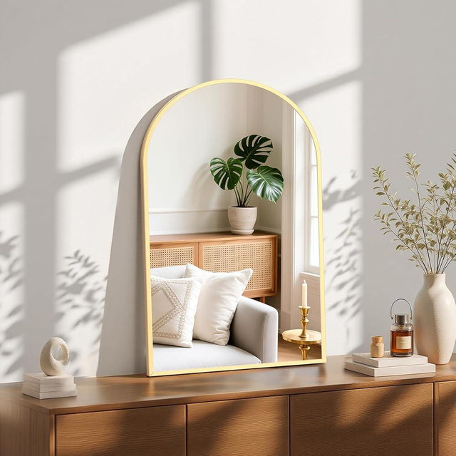 NEWBULIG 22X30 Inch Arched Bathroom Mirror for Wall, Vanity Bathroom Mirrors for Over Sink Tempered Glass, Anti-Rust Arched Metal Framed, Hangs Horizontally or Vertically, Farmhouse Home Decor, Gold