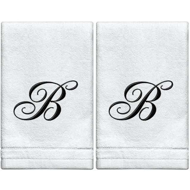 Monogrammed Towels Fingertip, Personalized Gift, 11 x 18 Inches - Set of 2- Black Embroidered Towel - Extra Absorbent 100% Cotton- Soft Velour Finish - For Bathroom/ Kitchen/ Spa- Initial B (White)