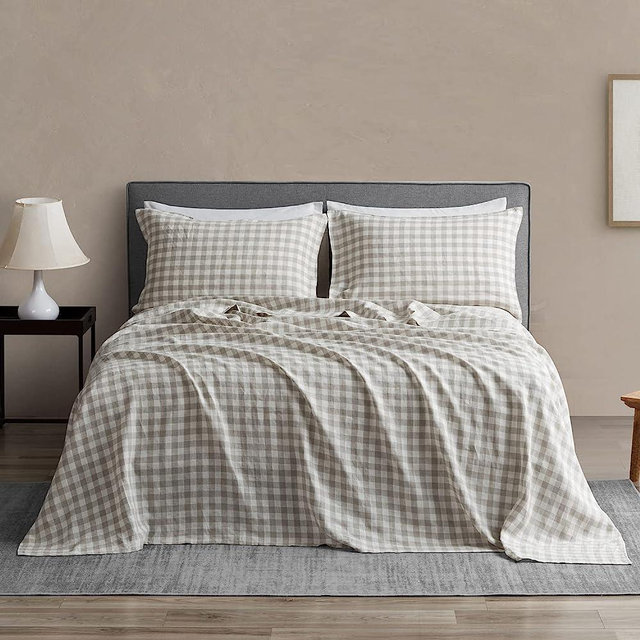 DAPU Linen Sheets Set King, Gingham Check Plaid 100% Washed Linen Bedding with Envelope Closure, 4 PCs Hypoallergenic Soft Linen Sheets Set, Geometric Checkered Pattern in Beige & White, King Size