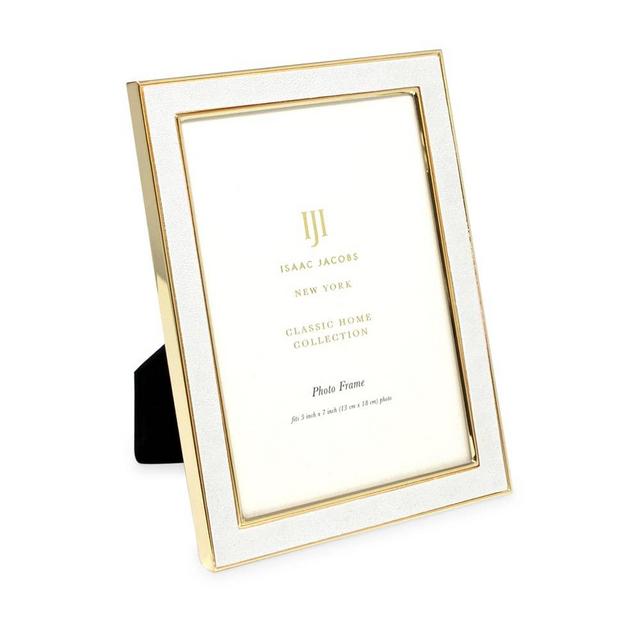 Isaac Jacobs 5x7 White Leather with Gold Metal (Vertical & Horizontal) Picture Frame, Suede Border w/ Black Fabric Easel, Wall-Mountable, Made For Tabletop, Photo Gallery (5x7, White W/ Gold)