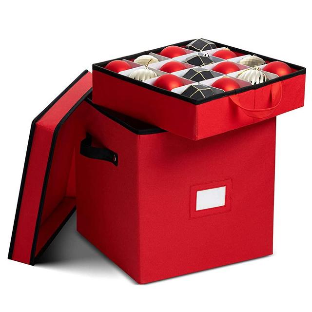 Premium Christmas Ornament storage Box with Lid - 3-inch Compartment, Storage Container Keeps 64 Holiday Ornaments and Xmas Accessories - Tear Proof 600D Oxford Fabric - 5 Year Warranty (Red)