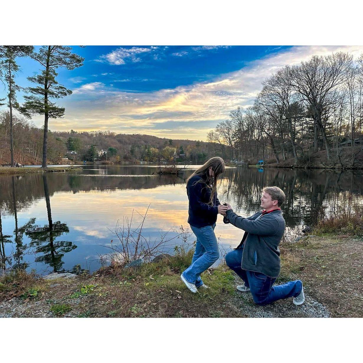 On November 18th, 2024 Matt proposed to Heather at the lake by their house. She was so surprised and excited and couldn't wait to say YES!