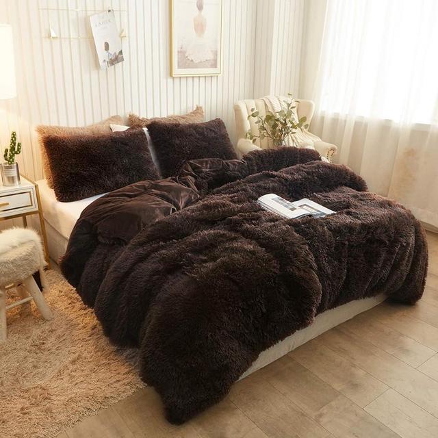 XeGe Plush Shaggy Duvet Cover, Luxury Ultra Soft Crystal Velvet Fuzzy Bedding 1PC(1 Faux Fur Duvet Cover), Fluffy Furry Comforter Cover for Bedroom Home Decoration, Zipper Closure (King, Coffee)