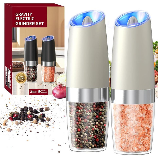 CIRCLE JOY Gravity Electric Salt and Pepper Grinder Set Automatic Salt and Pepper Grinder Set with LED Light, Battery Operated, Adjustable Coarseness, Large Capacity, for Home Kitchen BBQ, Off White