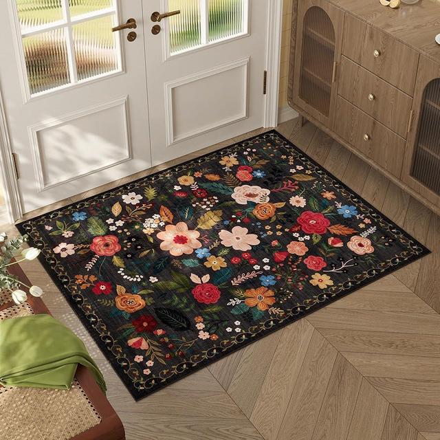 Rugcomf Door Mat Indoor Entrance 2x3 Rug Machine Washable Boho Floral Small Area Rug Non-Slip Low Pile Throw Rugs for Entryway, Kitchen, Front Door Indoor Entrance, Entry, Kids Room (Black)