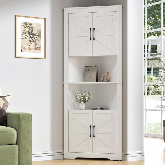 NOVAMAISON Corner Cabinet 67” Tall, Farmhouse Corner Cabinet with Doors and 5 Shelves, Bathroom Cabinet Organizer Home Space Saver for Kitchen, Living Room, White