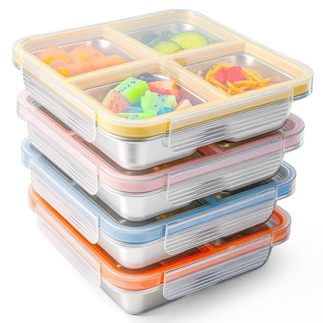 clamder 4 Pack Stainless Steel Snack Containers with Lids, 4-Compartment Leakproof Bento Snack Boxes, Reusable Dishwasher Safe Food Storage Containers for Adults, Office, Travel & Meal Prep (4pack-a)