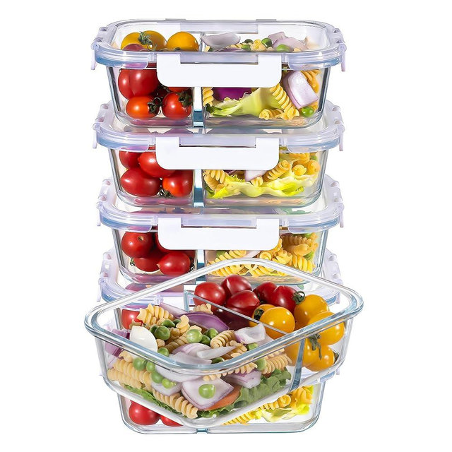MFY 5-Pack 36 OZ Glass Storage Containers with Lids, Glass Meal Prep Containers 2 Compartment Set, Airtight Lunch Containers with Lids, Microwave, Oven, Freezer and Dishwasher Safe, White