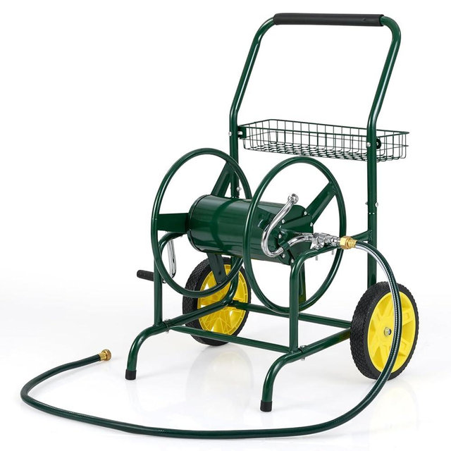Goplus Garden Hose Reel Cart, 230 FT of 5/8" Large Capacity, Heavy-Duty Metal Hose Cart w/ 2 Wheels, Storage Basket, Portable Water Hose Organizer for Outside Yard, Outdoor Planting Tool (Green)