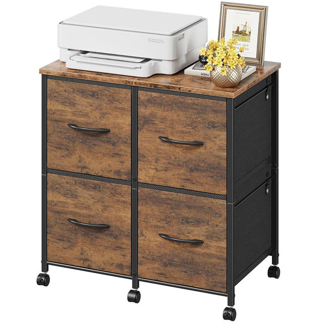 HIGDBFE 4 Drawer Lateral File Cabinet, Mobile Filing Cabinet for Large Printer, Home Office Functional Small Office Storage Cabinet & Printer Stand, Fabric Drawer, Fits Letter/A4, Rustic Brown