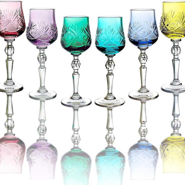 Neman WG7841/MC, 2 Oz Handmade Crystal Cordial Shot Glasses, Multi-Colored Stemmed Vodka/Liqueur Glassware, Set of 6