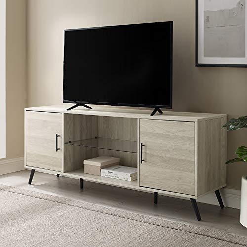 Walker Edison Furniture Company Modern Stand Console with Glass Shelf Storage, fits TVs up to 65", 60, Birch