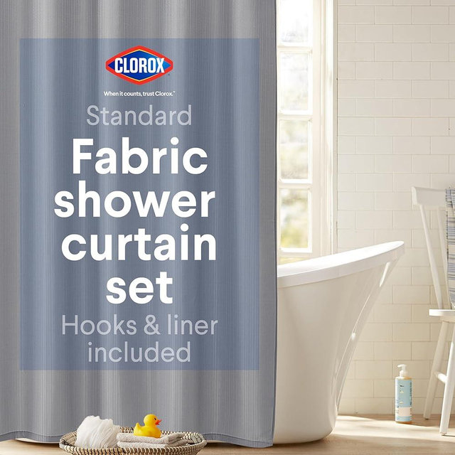 CLOROX Bathroom Shower Curtain with Waterproof Lightweight PEVA Liner Set, Standard Size for Bathroom, with Weighted Magnets and 12 Metal Hooks - 70" x 72" Grey