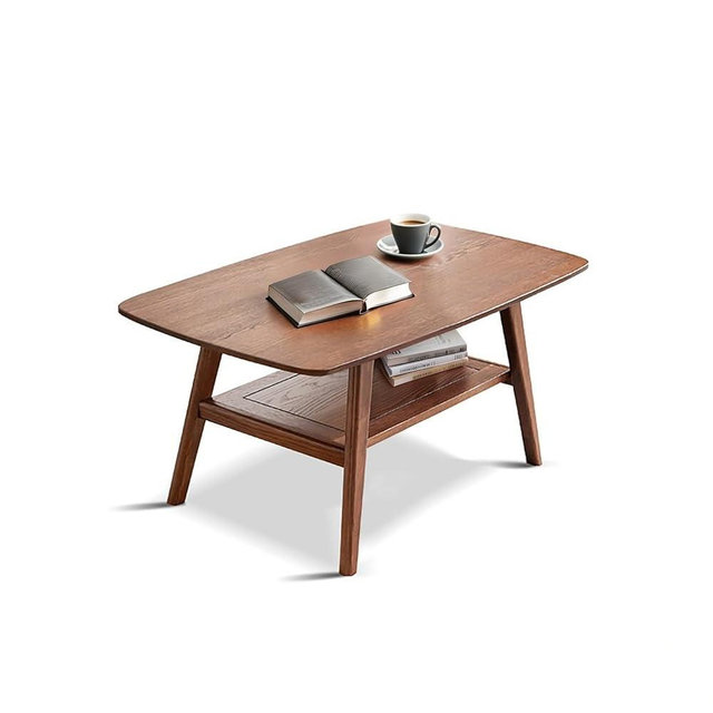 Grewood 100% Solid Oak Coffee Table with Storage Shelf, 2-Tier Wooden Center Table for Living Room, Farmhouse Rustic Rectangle Table, Easy Assembly,31.49 Inch