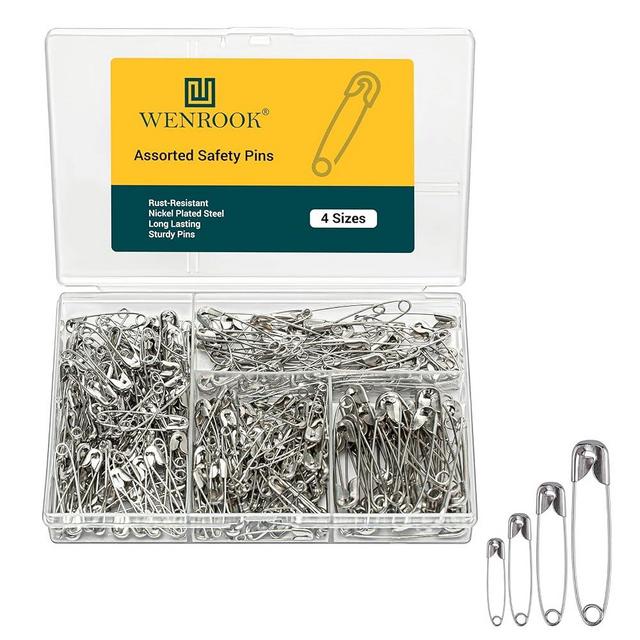 Wenrook 300 Pack Safety Pins Assorted, 4 Different Sizes, Strong Nickel Plated Steel, Heavy Duty Safety Pins for Clothes, Crafts, Pinning and More