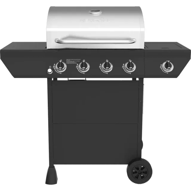 4-Burner Propane Gas Grill in Black with Side Burner and Stainless Steel Main Lid