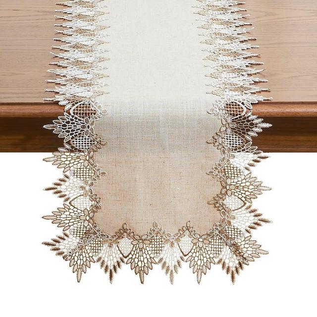 Raedan Natural Linen Table Runner 72 inches Neutral Earth Tones Beige Lace Coffee Table Runners Dresser Scarf for Easter Spring Summer Kitchen Wedding Party, Machine Washable (Natural, 16”x72”)