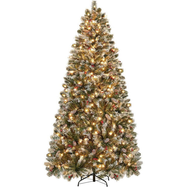 Yaheetech 7.5ft Pre-lit Frosted Artificial Hinged Christmas Tree with 1398 Flocked PVC Tips,88 Pine Cones,88 Holly Berries & 500 Warm White Lights,Foldable Stand,Green