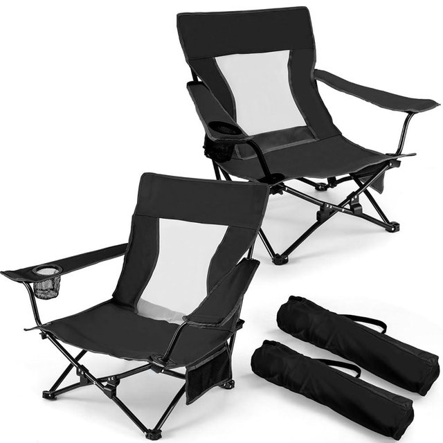 Joyfair Beach Camping Chair (2 Pack), Outdoor Folding Lawn Chair for Adults, Heavy Duty Portable Chair with Armrest for Outside Fishing, Sport, Patio, Cup Holder & Storage Pocket, Carry Bag (Black)