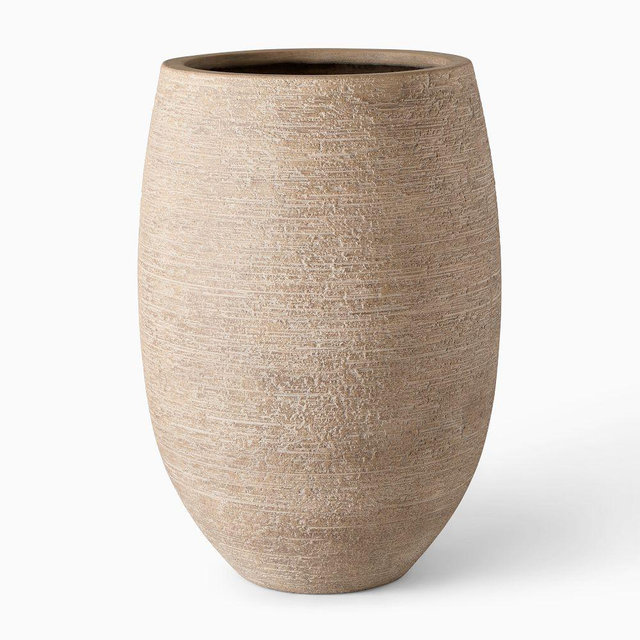 Curved Round Ficonstone In/Outdoor Planter, Standard Entry, 20"D x 29"H, Textured Stone