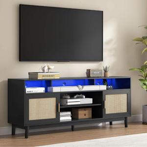 TV Stand for 65 Inch TV Rattan TV Cabinet with Adjustable Shelf Storage, Modern LED Entertainment Center, Boho Media TV Console, Media TV Stands for Living Room Bedroom (Black)