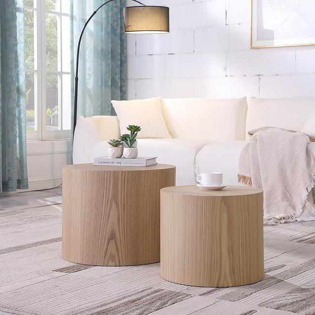 LyuHome Round Coffee Table Set of 2, Nesting Coffee Table and End Table Set Wood Small Circle Drum Side Table for Living Room Office, No Assembly,Wooden