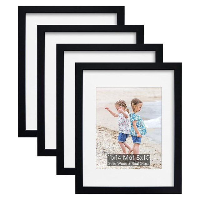 NWDCLF 11x14 Picture Frame Set of 4, Holds 8x10 Photos with Mat or 11x14 without Mat, Solid Wood and Real HD Glass for Wall Mount, Picture Frames Collage Wall Décor, Black