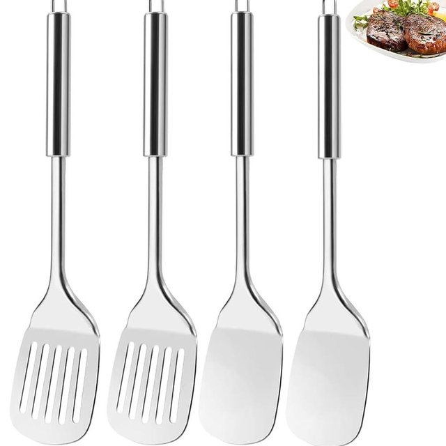 4 Pack Stainless Steel Cooking Spoon Set, Large Metal Spatulas Set with Round Handle,Polished Metal Silver Slotted Solid Turner, Kitchen Heat Resistant Basting Spatulas for Cooking,Fish,Eggs,Pancakes