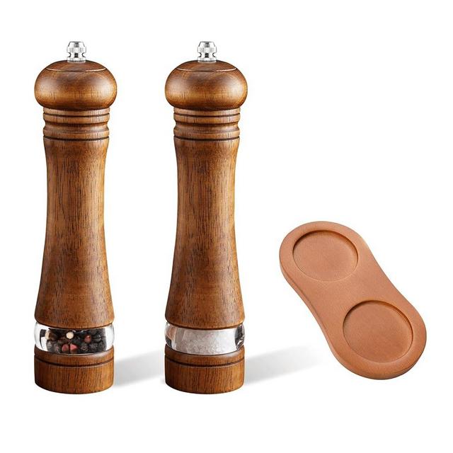 2-Piece Salt and Pepper Grinder Set with Wood Tray, 8 Inch Wooden Salt and Pepper Mills with Adjustable Coarseness, Refillable Manual Pepper Mill Grinder for Home Cooks (Brown)